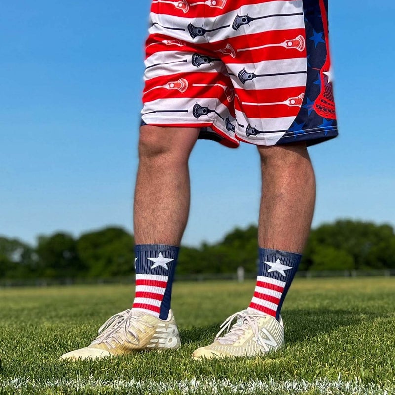 ChalkTalkSPORTS Lacrosse Performance Crew Socks - USA - Flag Wave - Red White & Blue - Lacrosse Mid-Calf Socks - Youth - Image 5